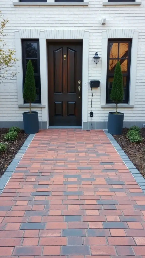 25 Stunning Brick Walkways to Enhance Your Front Door Curb Appeal 24 A minimalist brick walkway leading to a front door, flanked by potted evergreen plants.