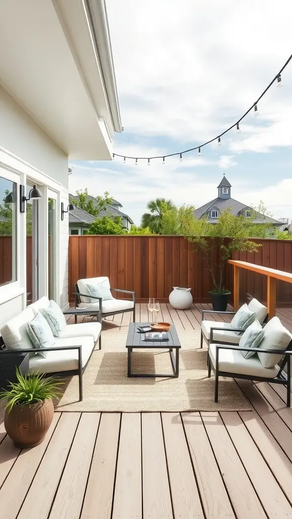 A minimalist deck featuring stylish seating, a coffee table, and potted plants, illuminated by string lights.