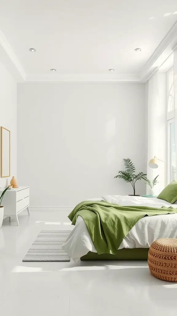A minimalist bedroom featuring green and white decor with a bed, a dresser, a plant, and a striped rug.