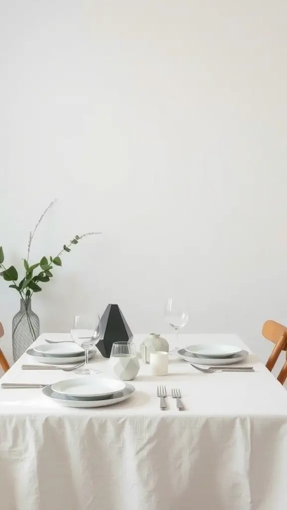 A minimalist Scandinavian dining table with light tablecloth, elegant plates, and geometric vases.