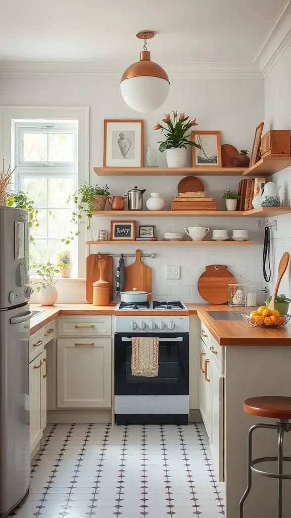 25 Stunning Scandinavian Kitchen Ideas for a Cozy Home 23 A Scandinavian kitchen with modern and vintage design elements, featuring white cabinetry, wooden countertops, and decorative open shelves.