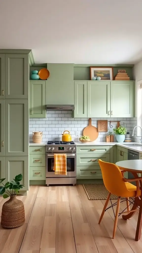 29 Stunning Sage Green Kitchen Cabinet Ideas for a Fresh Look 13 A kitchen featuring sage green cabinets with bold yellow and orange accents.