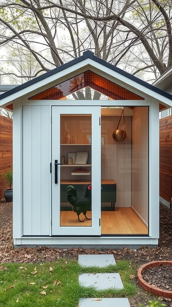 A modern walk-in chicken coop with a glass door, wooden flooring, and a stylish interior.