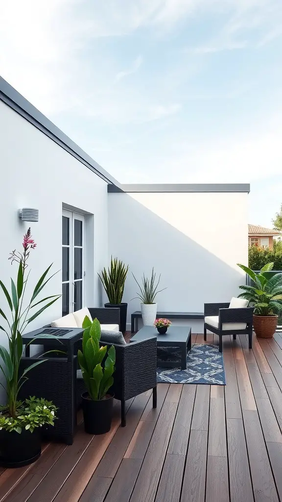Stylish modern flat roof deck with wicker furniture and potted plants
