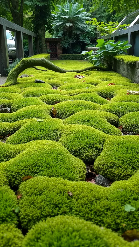 A lush green moss garden floor with a wavy texture, framed by plants and a wooden walkway.