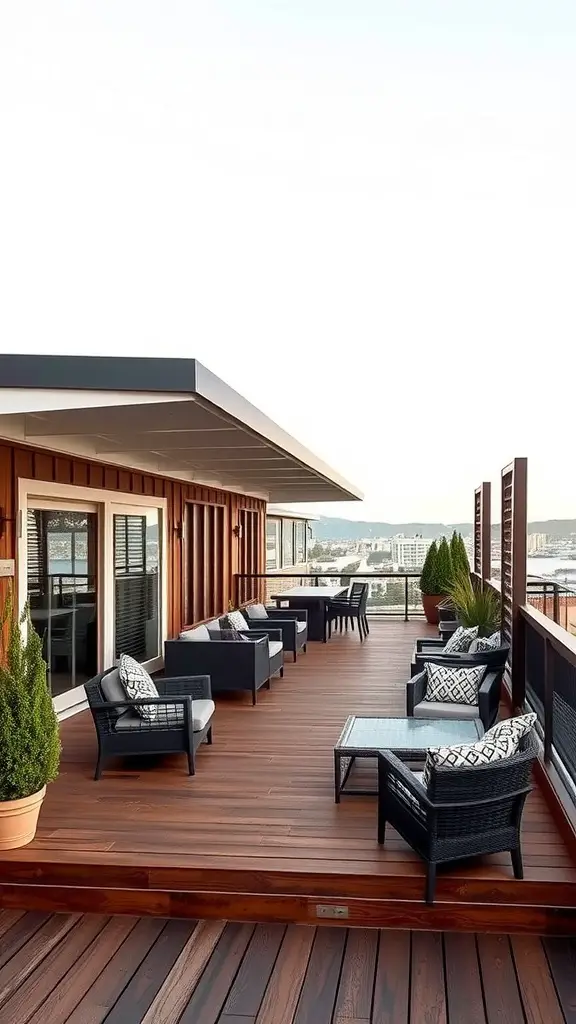 A multi-layered roof over a wooden deck with outdoor seating.
