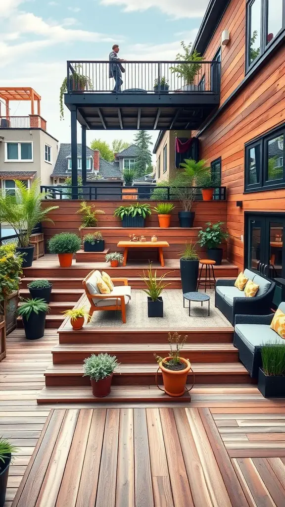 Image of a multi-level deck with seating areas, plants, and a person standing on the upper level.