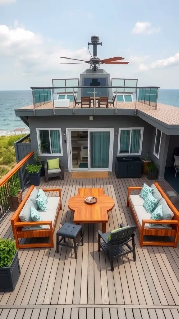 A multi-purpose deck overlooking the sea, featuring comfortable seating and a central table for entertainment and leisure.