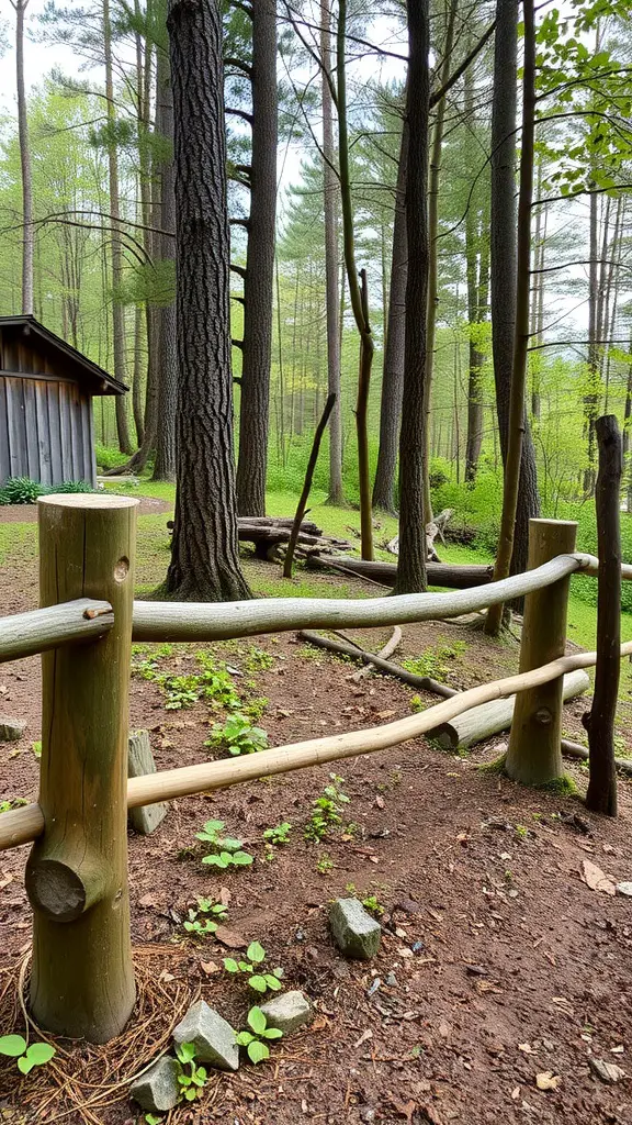 Natural log fence in a forested area, complementing the surrounding nature.