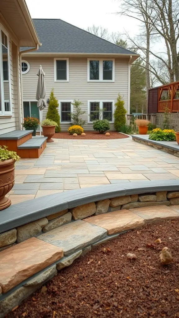 A beautiful patio area with natural stone skirting, surrounded by landscaped gardens and a lovely home.