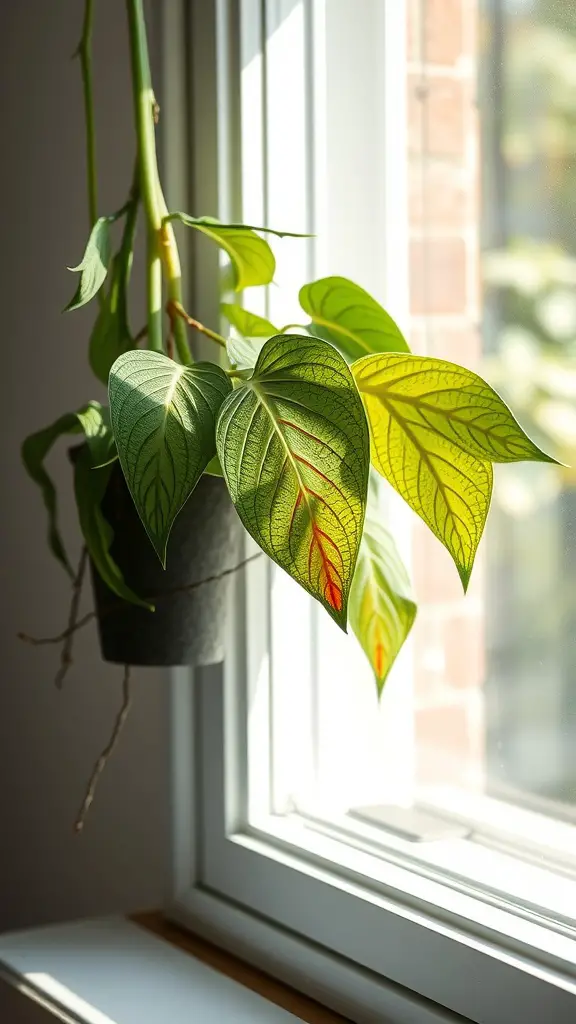 15 Gorgeous Hanging Plants Perfect for Your Windowsill 15 A beautiful nerve plant with vibrant green leaves and red veins, positioned in front of a sunny window.