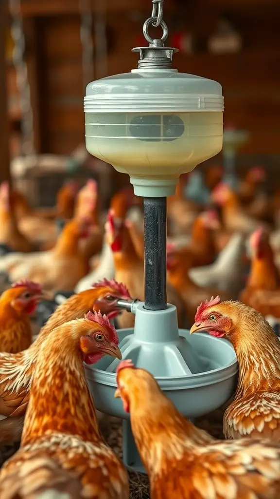 Chickens gathered around a nipple waterer in a coop.