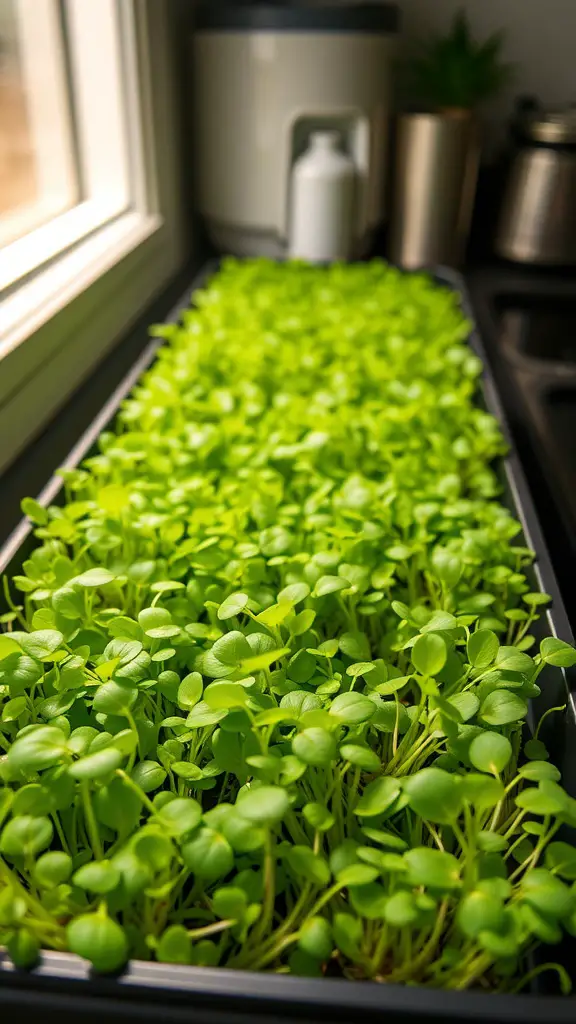 25 Must-Have Kitchen Plants for a Fresh and Green Home 8 A tray of vibrant green microgreens growing in a kitchen setting