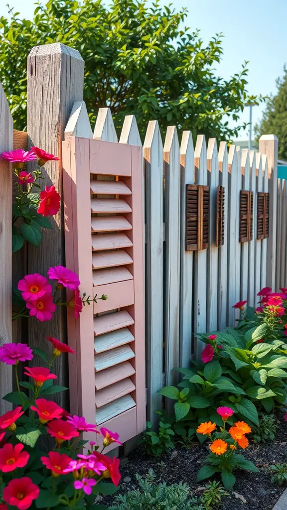 A colorful fence made from old shutters and flowers in a garden