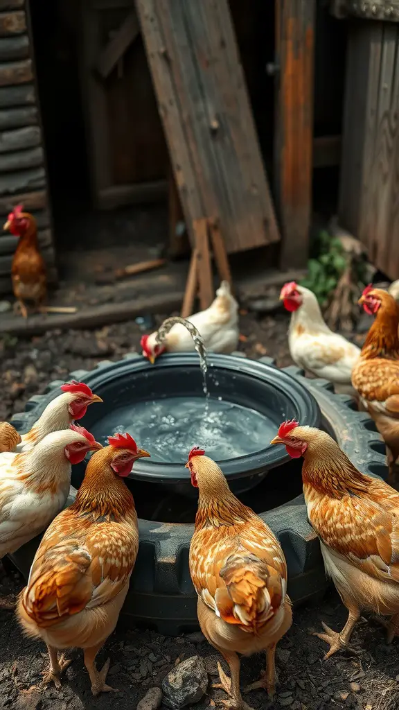 Chickens drinking water from an old tire waterer
