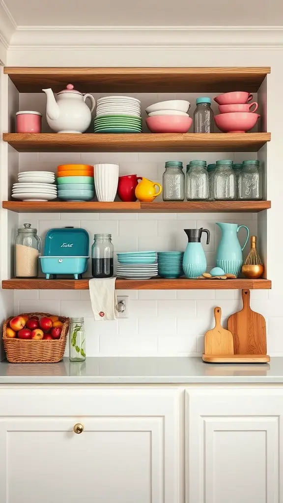 23 Inspiring Farmhouse Kitchen Ideas You’ll Love 8 Open shelving in a farmhouse kitchen displaying colorful vintage dishware, jars, and a fruit basket.