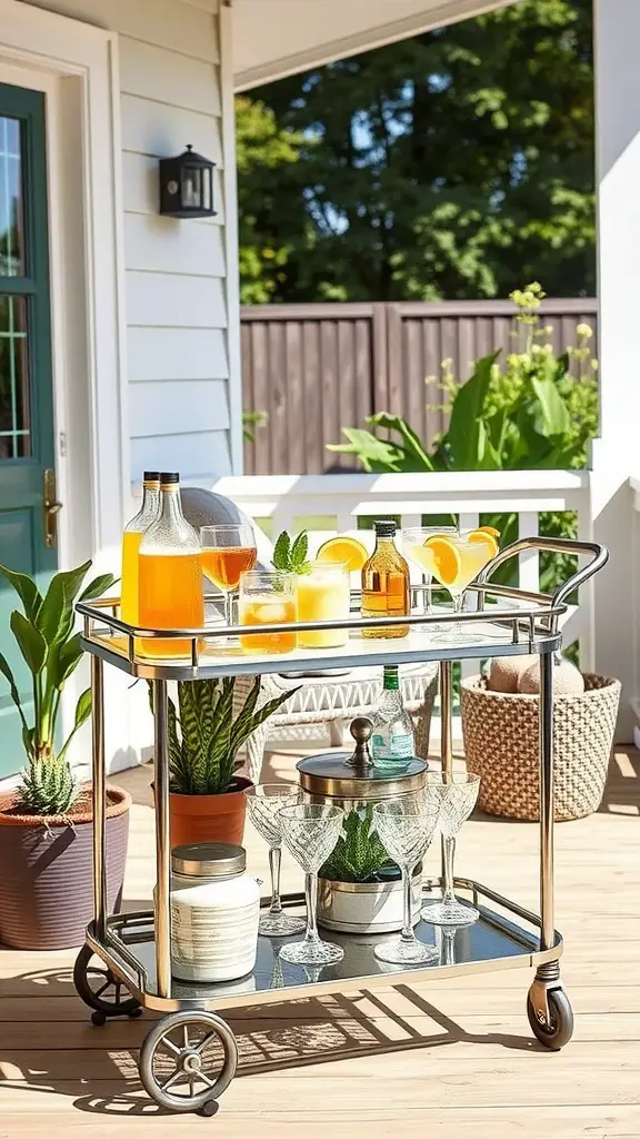 An outdoor bar cart with drinks and garnishes on a deck