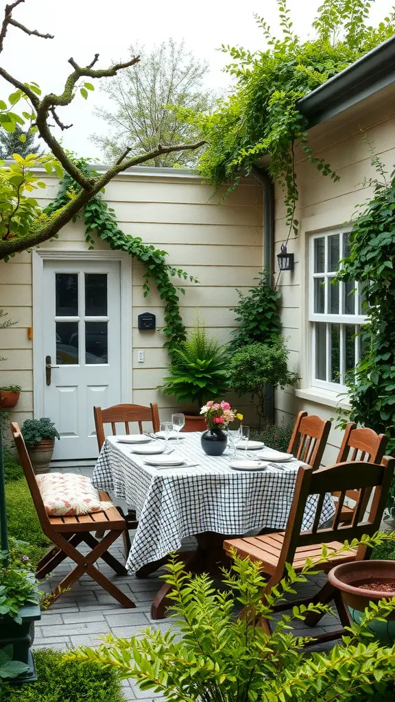 Cozy outdoor dining area with a checkered tablecloth, wooden chairs, and surrounding greenery