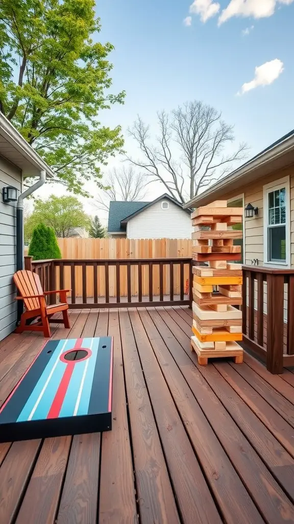 An outdoor deck with a bean bag toss game and a giant Jenga set.