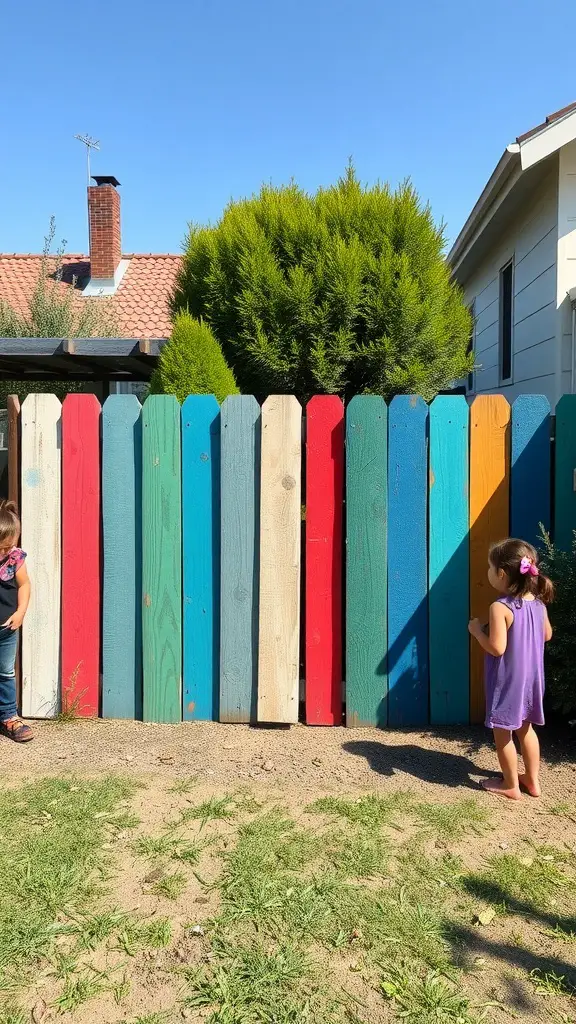 Colorful painted pallet fence with children playing nearby