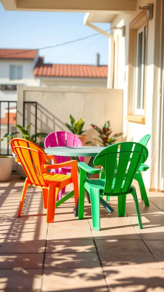 29 Affordable DIY Patio Furniture Ideas for Your Outdoor Space 12 Colorful painted plastic chairs on a patio