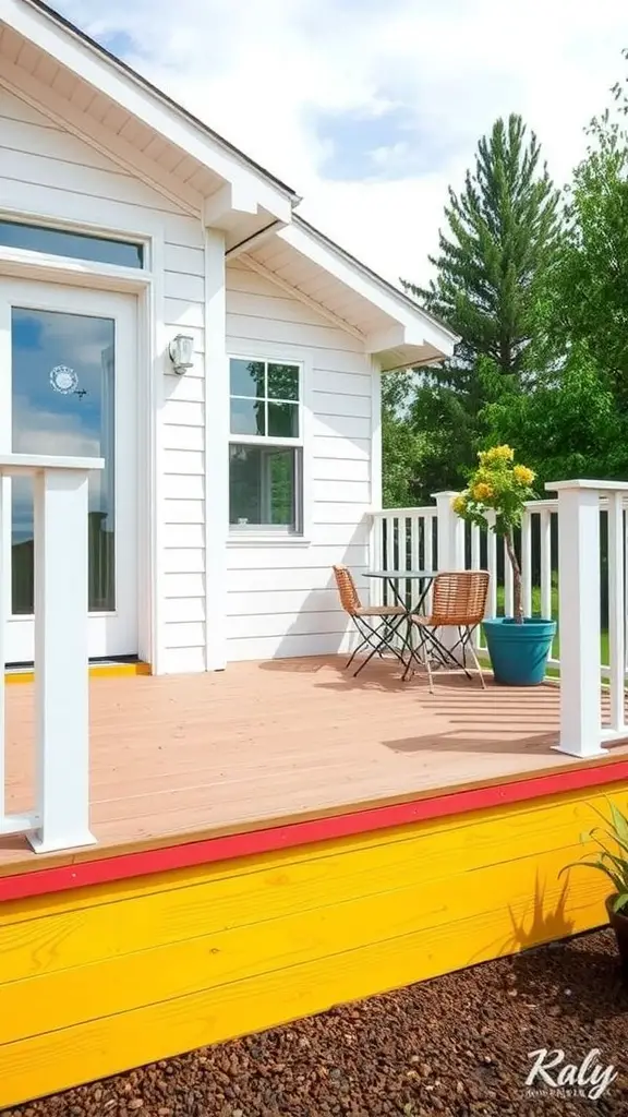 Colorful deck skirting with yellow plywood and red trim, featuring a small table and chairs.