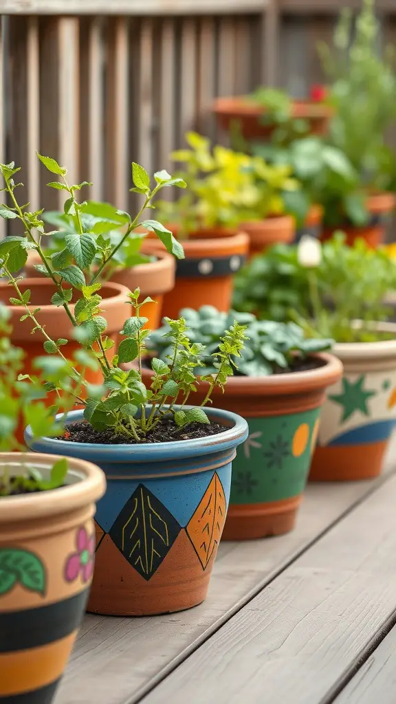 Colorful painted terracotta pots lined up on a deck, each showcasing different patterns and plants.