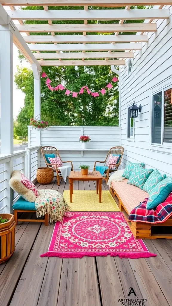 A cozy pallet patio deck featuring colorful outdoor rugs, cushions, and a wooden table under a pergola.