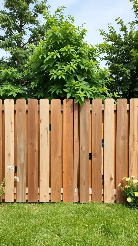 A rustic pallet wood privacy fence with a mix of wood shades, surrounded by greenery.