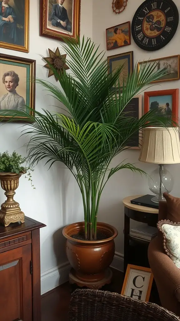 A Parlor Palm in a corner of a vintage-style room, surrounded by framed portraits and decorative items.