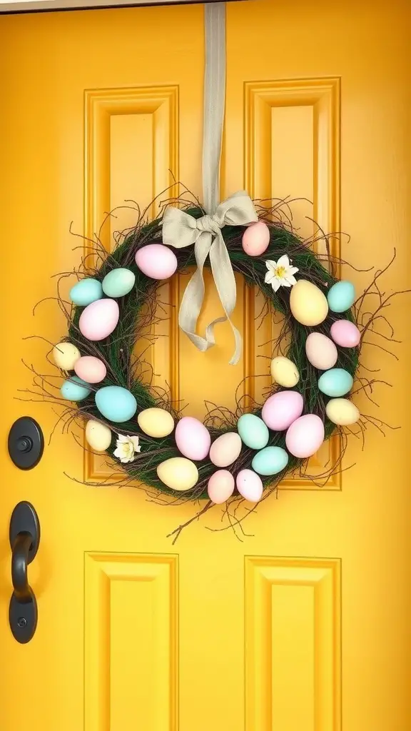 Pastel egg wreath with pink, blue, and yellow eggs on a yellow door