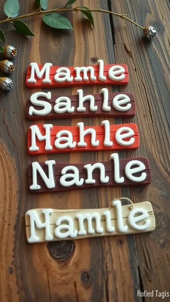 Colorful personalized clay name tags featuring various names on a wooden surface