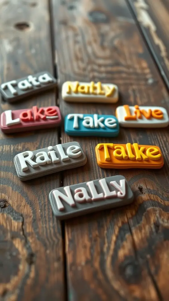 15 Creative Clay Trinket Ideas to Try Today 15 Colorful personalized clay name tags arranged on a wooden surface