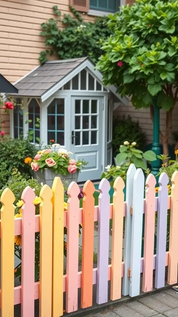 Colorful picket fence in soft shades of pink, orange, lavender, and blue, surrounding a garden with flowers and a small house.