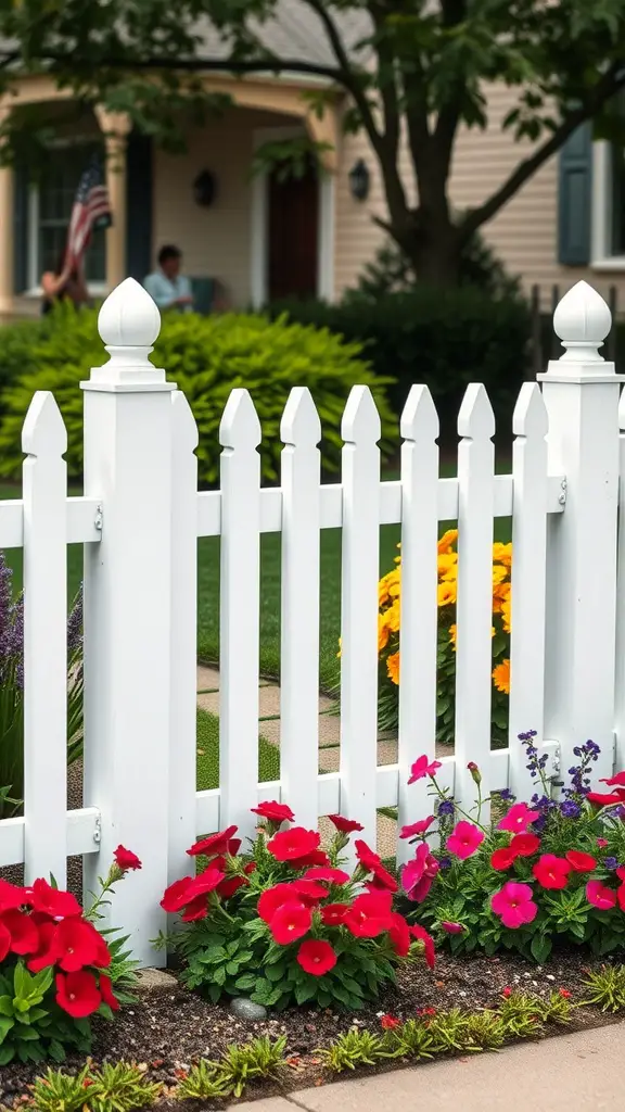 A white picket fence surrounded by colorful flower beds