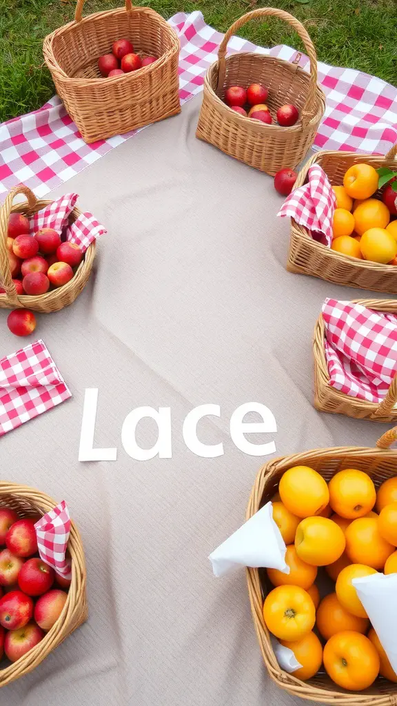 A picnic setup with baskets of fruits on a blanket.
