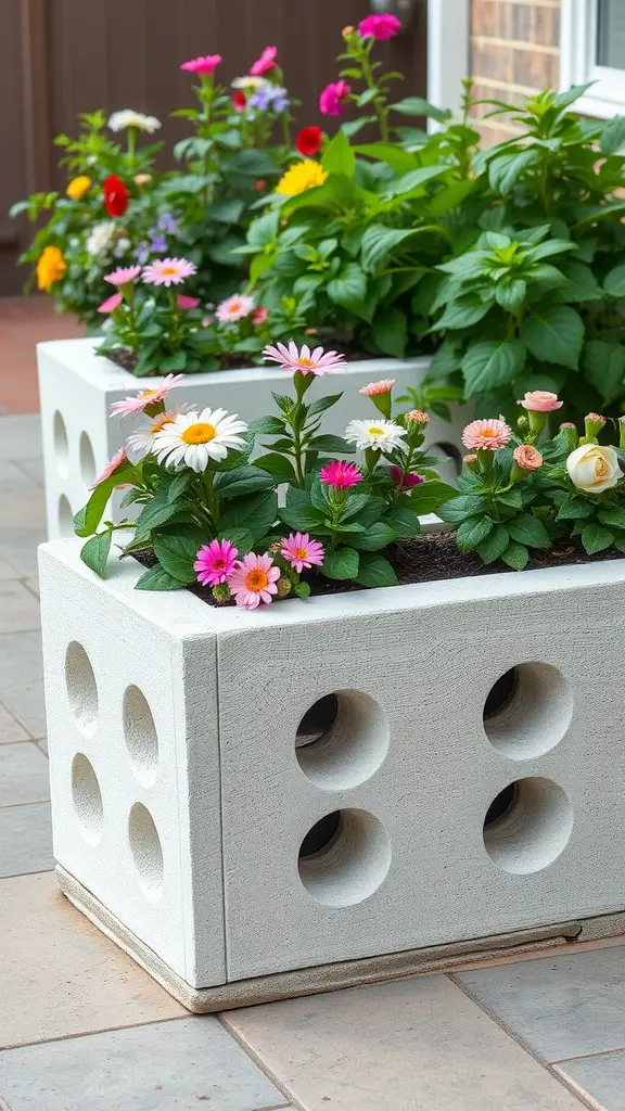 Cinder block planter boxes filled with colorful flowers