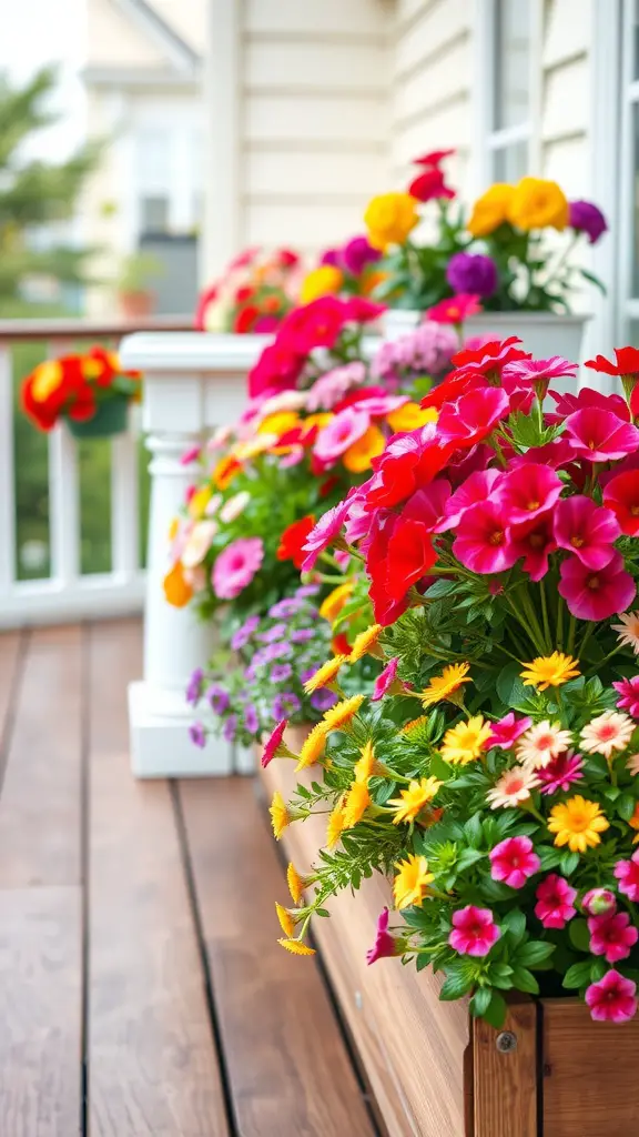 Colorful seasonal flowers in wooden planter boxes on a deck