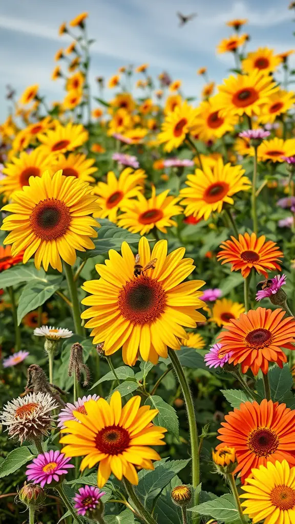 A vibrant flower bed featuring sunflowers and various wildflowers attracting pollinators.