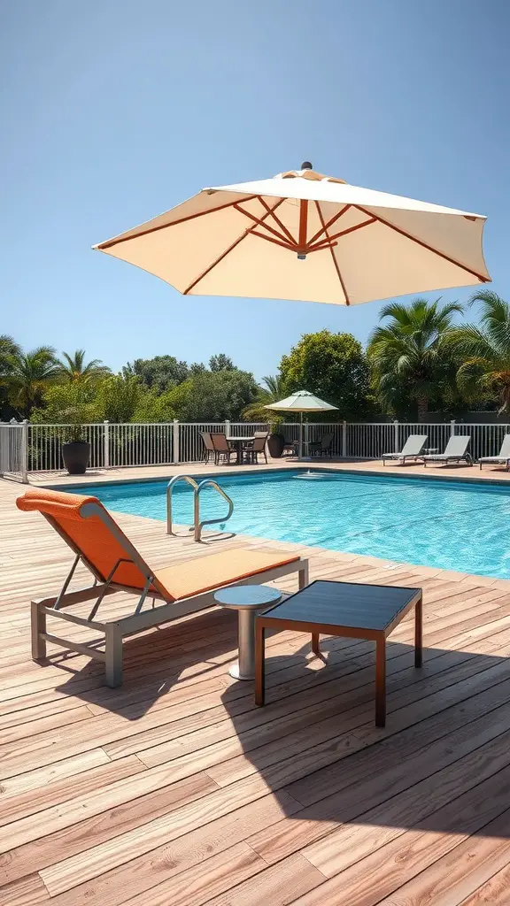 A relaxing poolside deck with a lounge chair, table, and umbrella