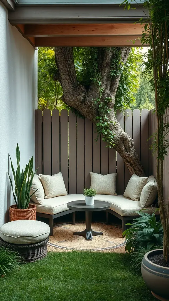 A cozy corner garden nook with seating and greenery