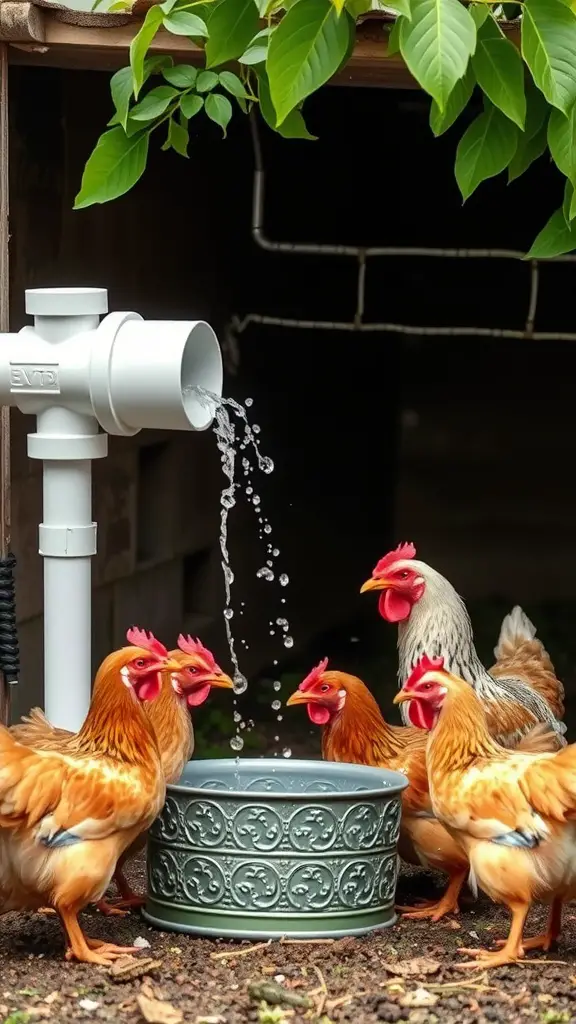 A PVC pipe watering system providing fresh water to chickens in a garden setting.