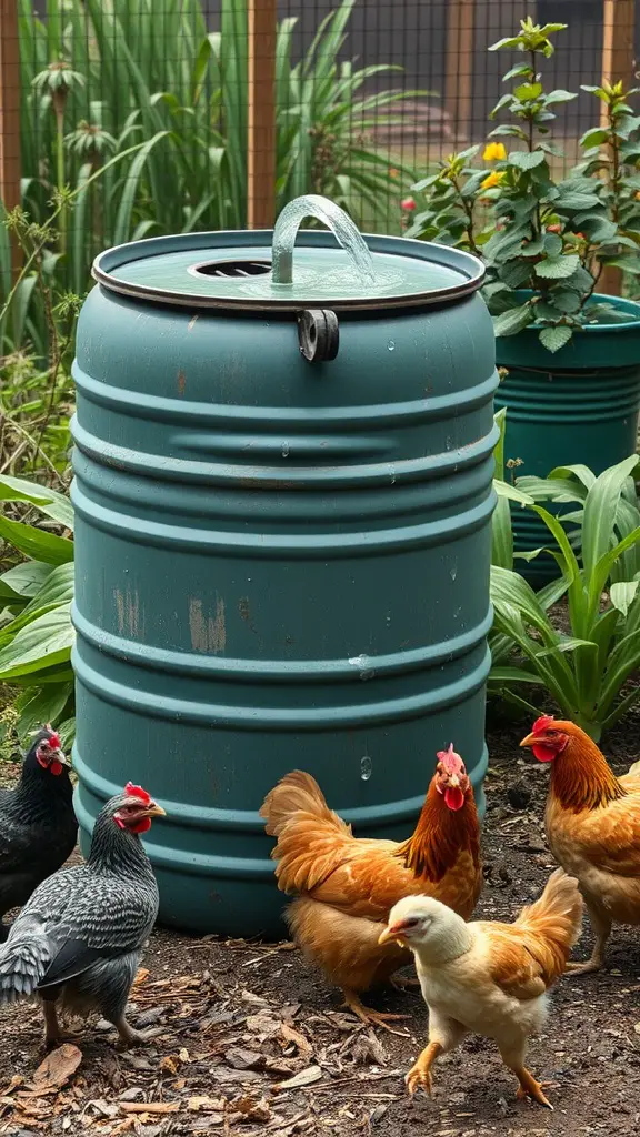 A rain barrel used as a water supply for chickens, surrounded by various plants and chickens