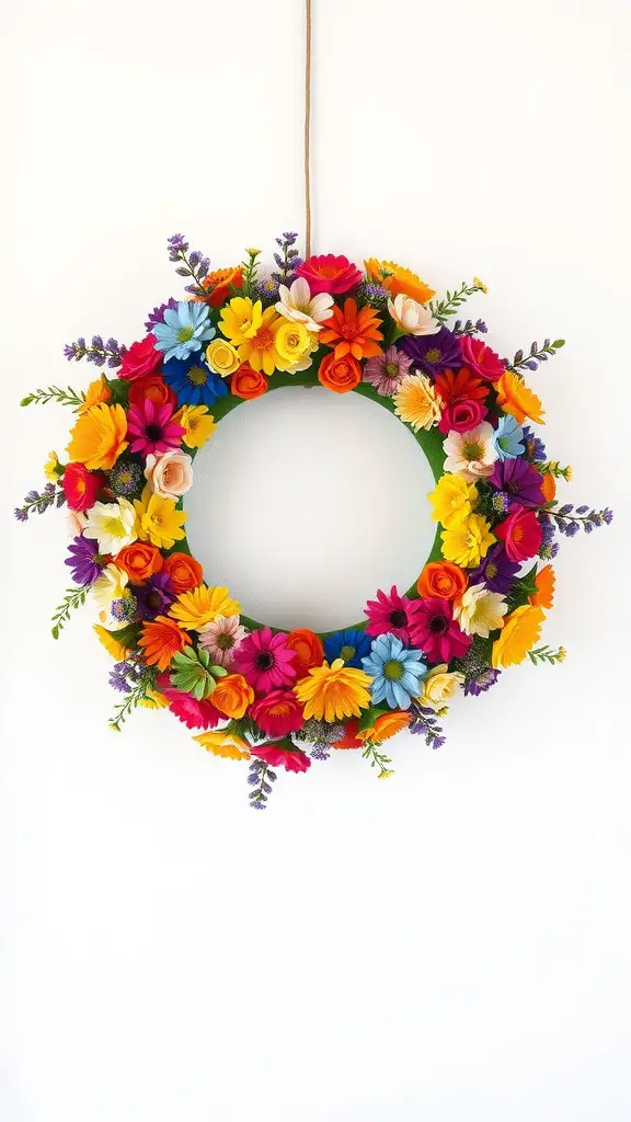 A vibrant rainbow colored floral wreath with various flowers in bright hues, hanging on a white background.