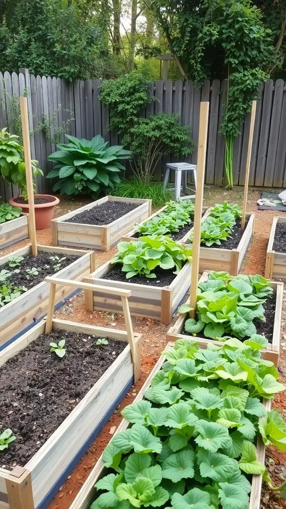 A corner garden with raised vegetable beds filled with green plants and soil.
