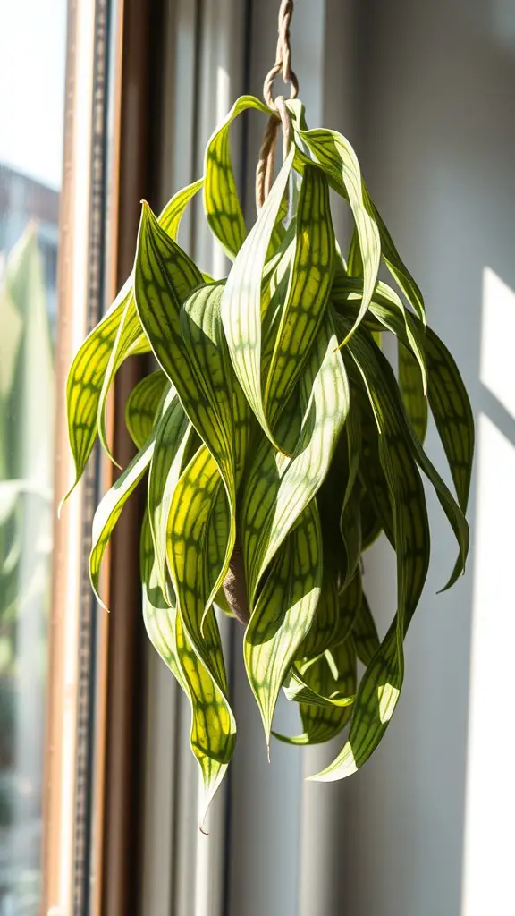 15 Gorgeous Hanging Plants Perfect for Your Windowsill 14 A Rattlesnake Plant with long, green patterned leaves hanging in front of a window.