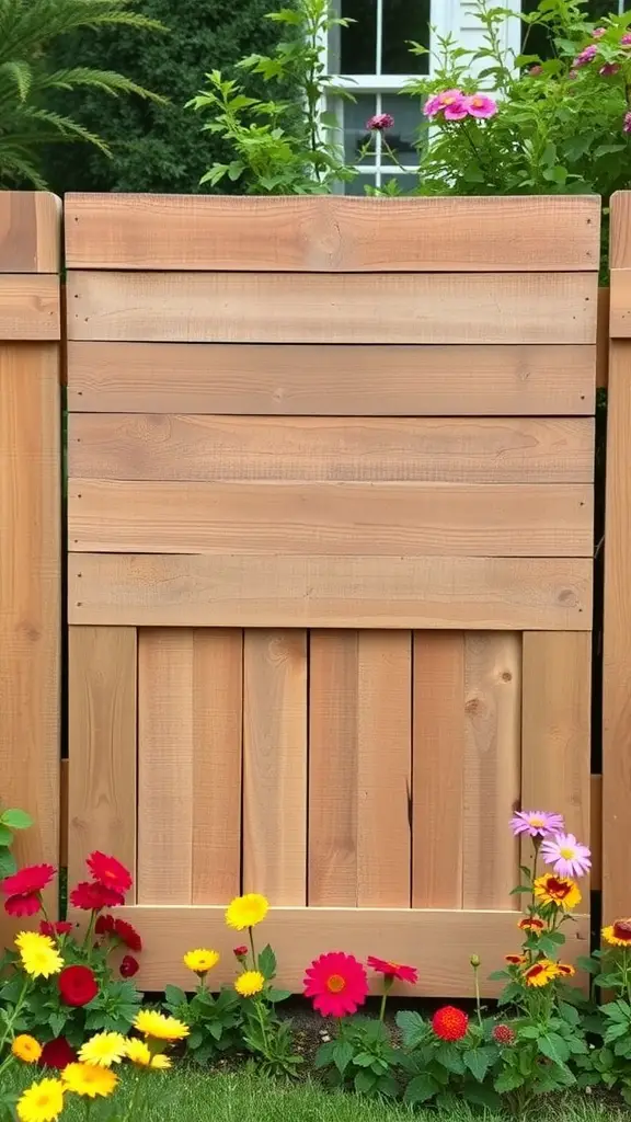 A reclaimed wood pallet fence with colorful flowers in front.