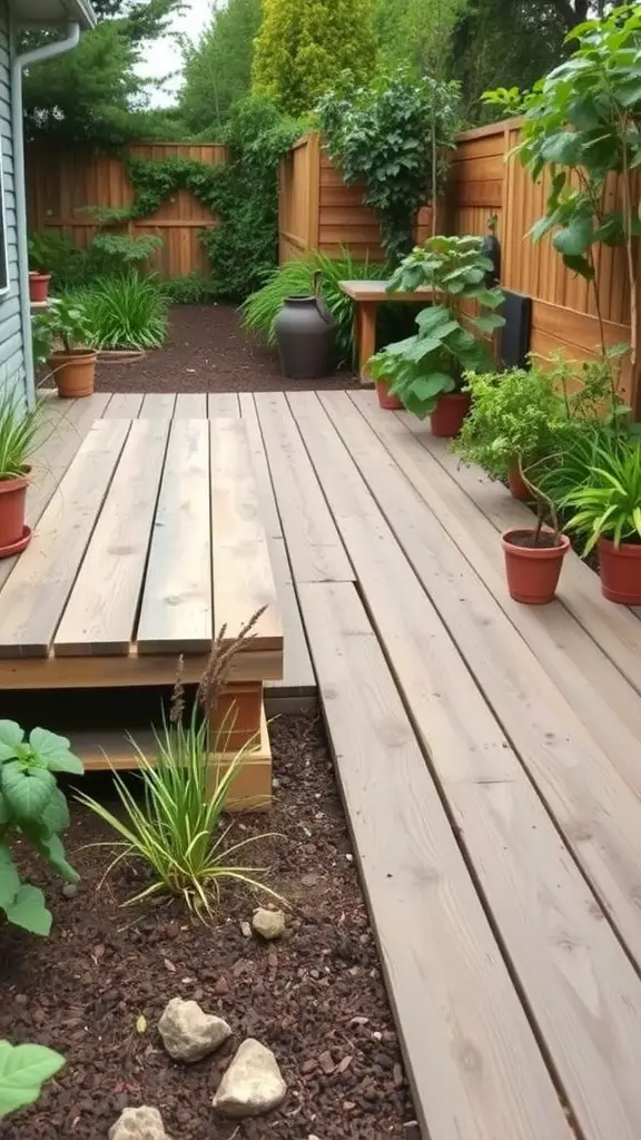 A wooden deck with plants and decorative elements