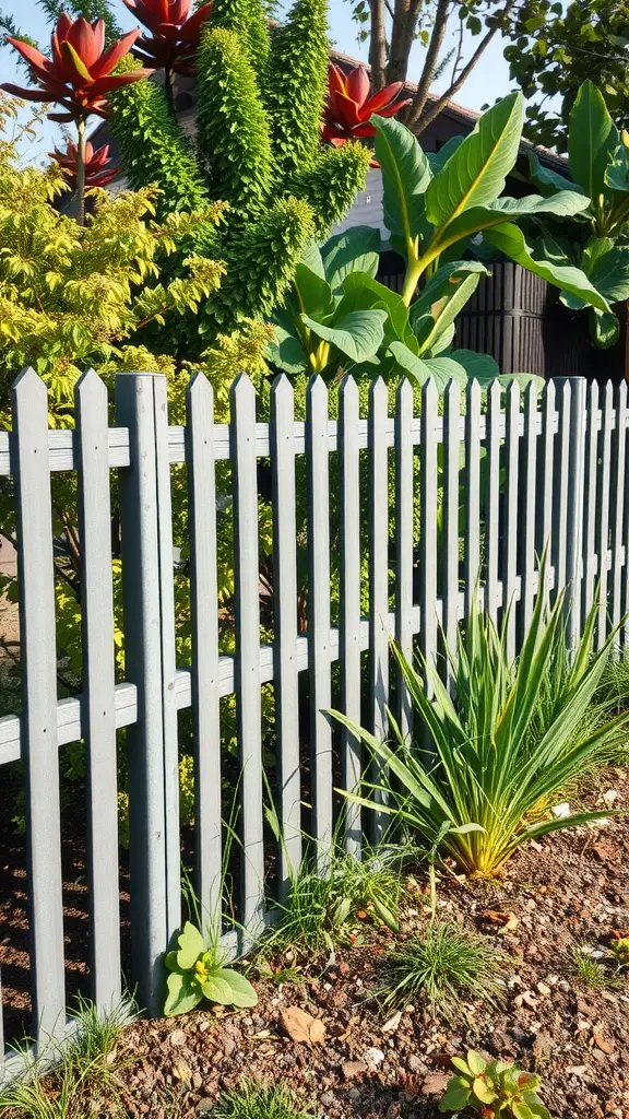 A neat gray fence made of recycled plastic, surrounded by lush green plants.