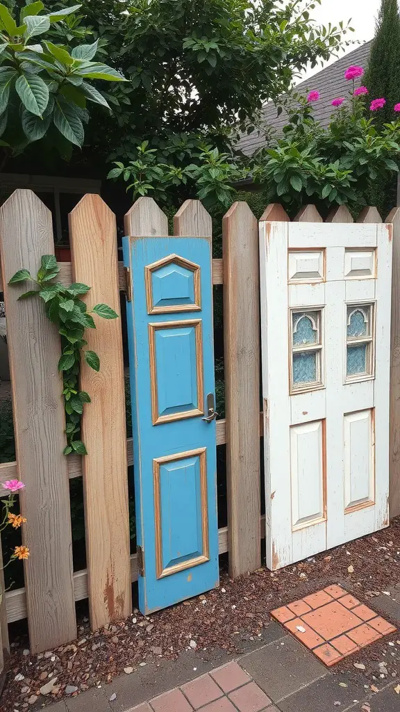 A fence made from repurposed doors, featuring a blue door and a white door, surrounded by greenery.